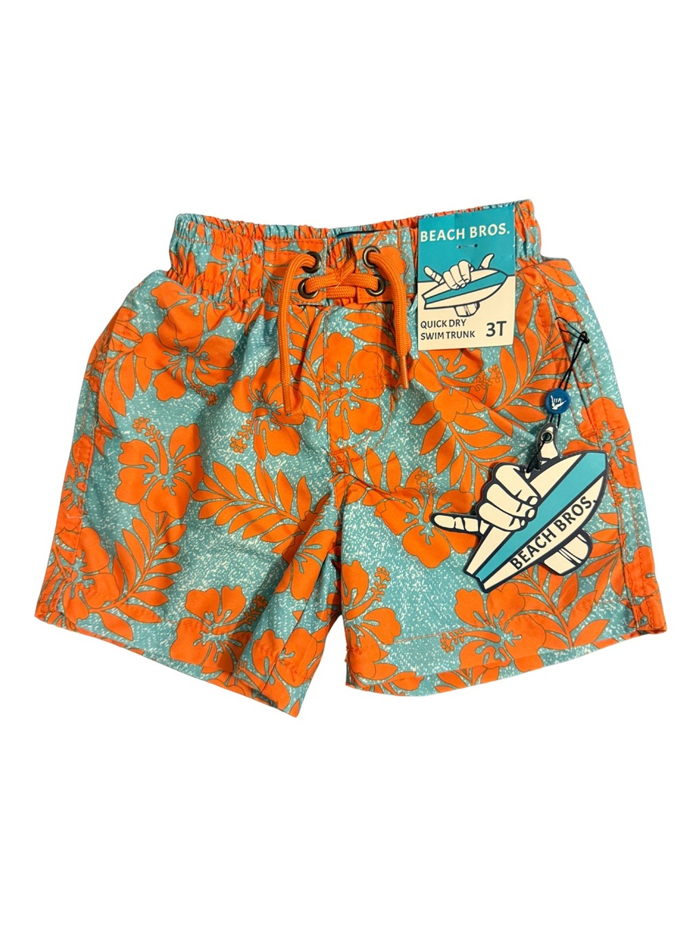 Swim Trunks Orange Floral Beach Bros Quick-Dry - Kids 3T